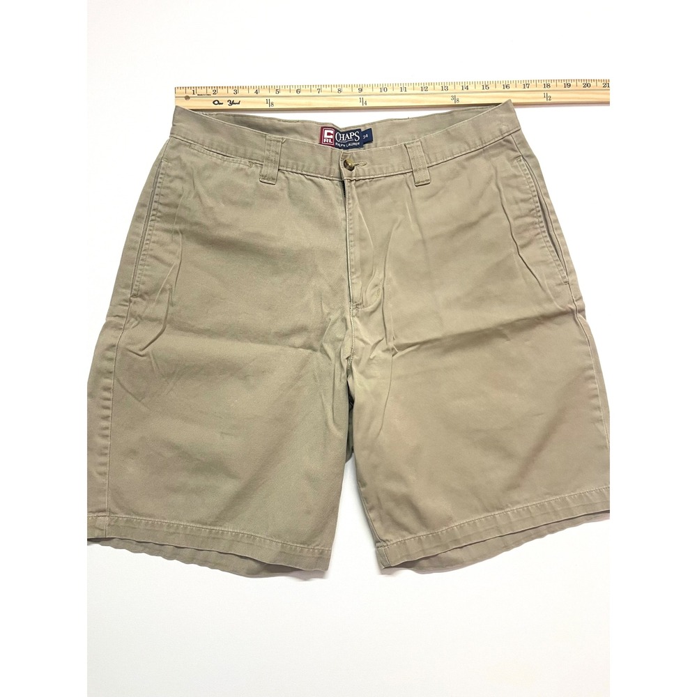Vintage 90s Chaps Ralph Lauren Mens Khaki Chino Shorts Tan Cotton Size 34 - Picture 13 of 16